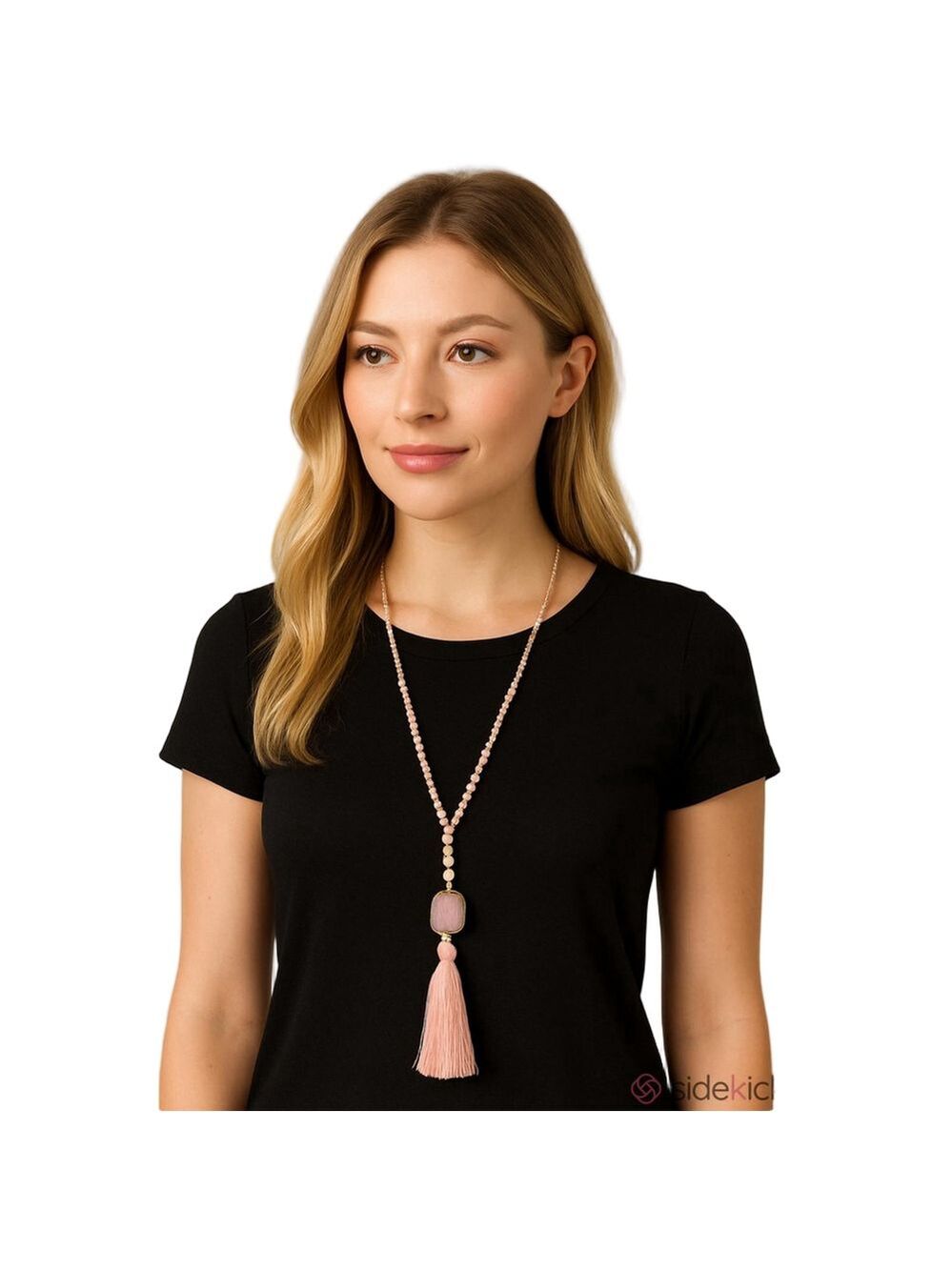 Pink Quartz and Gold Beaded Tassel Necklace